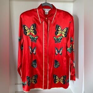Red Silk Butterfly Print Gold Accents Vintage Paolo Santini Size 10 medium shirt
